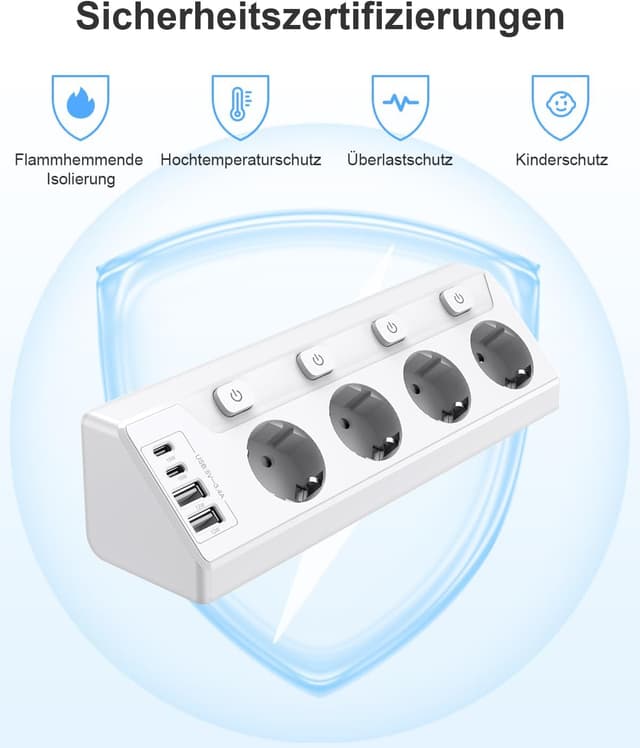 Detalle 2 de vipwell Ecksteckdose mit 4 USB (2× USB‑C, 2× USB‑A) und unabhängigen Schaltern – 90° Winkel, 4 Fach-Steckdosen