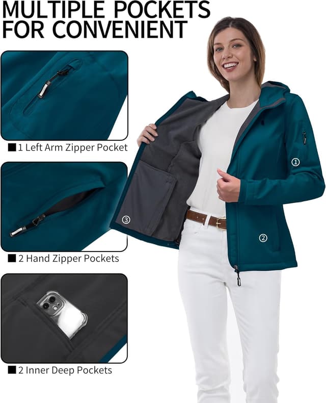 Detalle de Outdoor Ventures Damen Softshelljacke wasserdicht & atmungsaktiv mit Kapuze – Übergangs- und Wetterschutzjacke