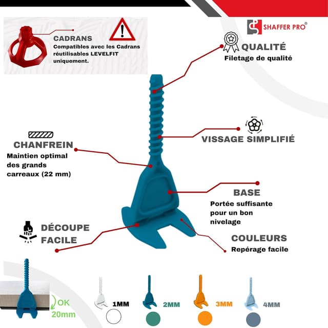 Detalle de Croisillons carrelage autonivelant SHAFFER PRO 2 mm | 200 clips + 100 cœurs réutilisables (3 à 22 mm)