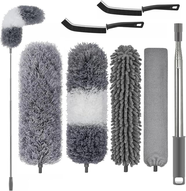 Detalle de Feather Duster 7-piece extendable, bendable, washable cobweb brush kit (up to 100 inches) – Grey