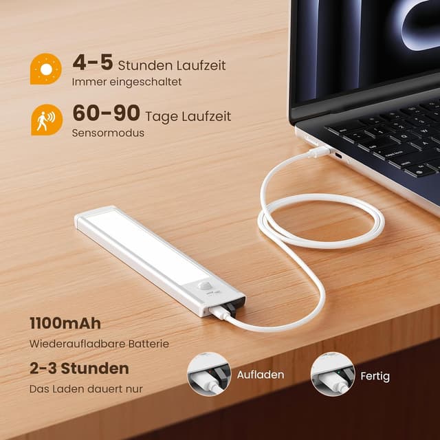 Detalle de TANSOOL+ LED-Schrankbeleuchtung mit Bewegungsmelder (2er-Set, 20 cm) USB‑C akkubetrieben, dimmbar