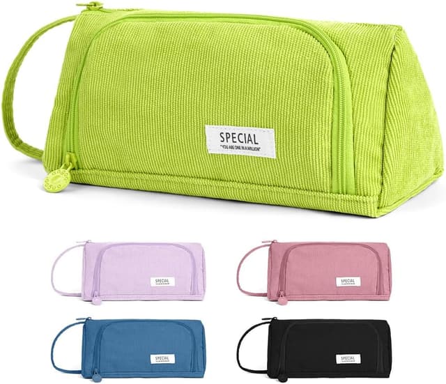 Detalle de APXEL Grande trousse de papeterie en velours côtelé vert (grand modèle zippé)