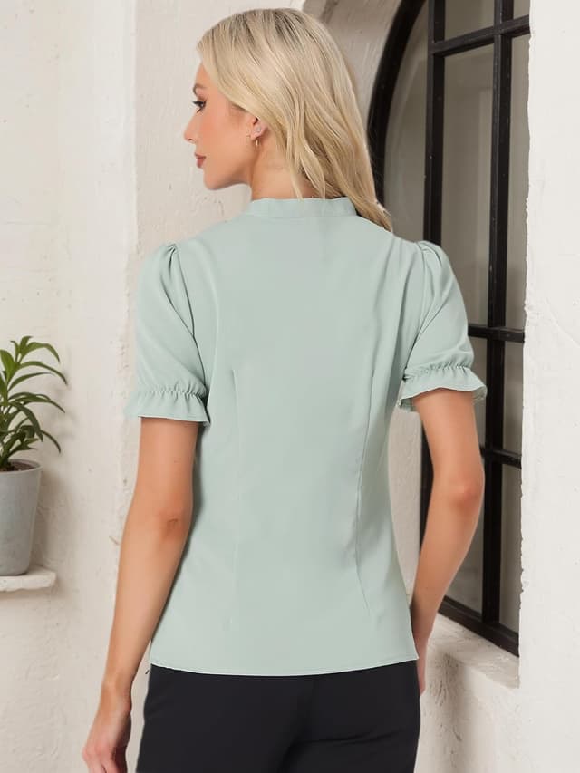 Detalle 2 de Allegra K Damen Sommerbluse im 50er-Jahre-Stil mit Schleife – kurzarm, Rüschen & Fliegenkragen