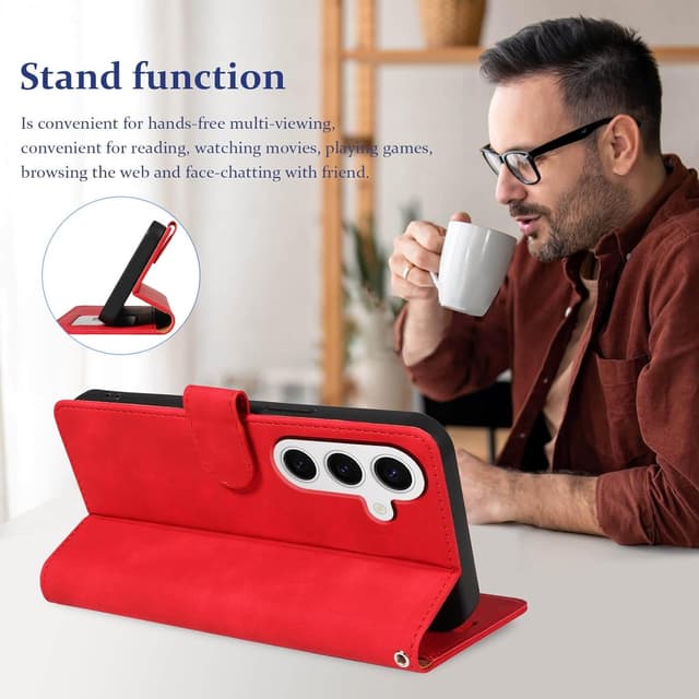 Detalle 2 de GOTOURED Wallet Case for Samsung Galaxy S24 (Red) with RFID Blocking, 4 Card Slots & Detachable Wrist Strap, Kickstand