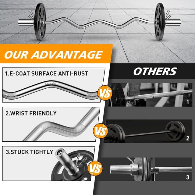 Detalle 2 de LAVVON Olympic EZ Curl Barbell Bar 47in (2-inch) with Spring Collars – 500lb capacity chrome curl bar