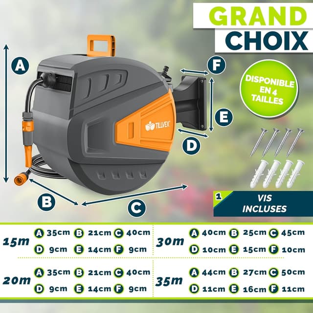 Detalle de Tillvex enrouleur de tuyau mural 20+2 m avec pistolet 9 jets, pivotant à 180° (anthracite/orange)