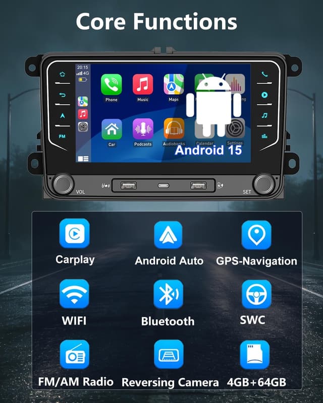 Detalle de ESSGOO 4+64G Android 15 Wireless CarPlay & Android Auto 2-DIN 7-inch Car Stereo for VW Golf, Polo, Caddy & more