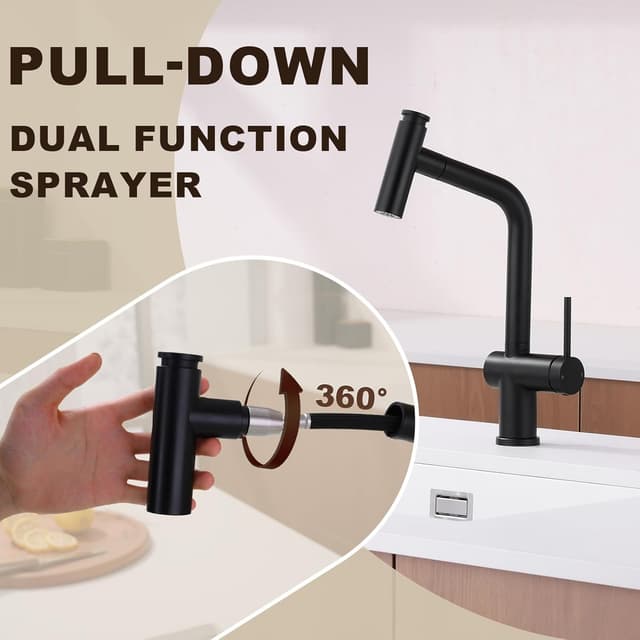 Detalle de YardMonet Küchenarmatur Schwarz mit ausziehbarer Brause und 360° Schwenkauslauf