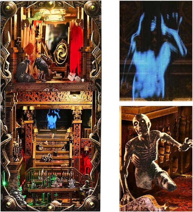 Detalle de ETKVR Book Nook Kit – Horror DIY Booknook Modell mit LCD, LED und Spiegelillusion für dein Bücherregal