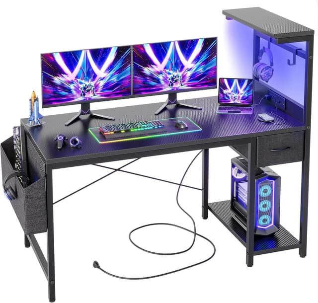 Detalle de BEXEVUE LED Computer Desk with Power Outlets (120x50cm) – reversible gaming workstation with drawer, side shelf and hooks