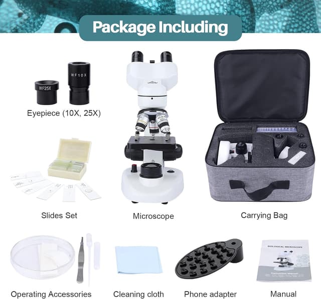 Thumbnail 6 de MAXLAPTER microscopio binoculare composto 40X–1000X per adulti e bambini, doppio LED e kit scuola