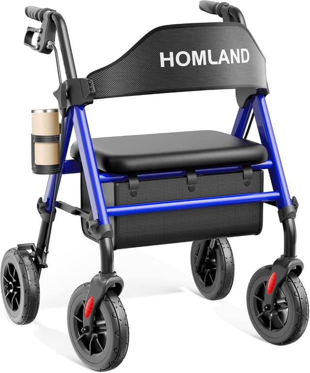 Detalle de HOMLAND Walkers for Seniors with Seat – Foldable rollator with 8" all-terrain wheels, height adjustment and cup holder