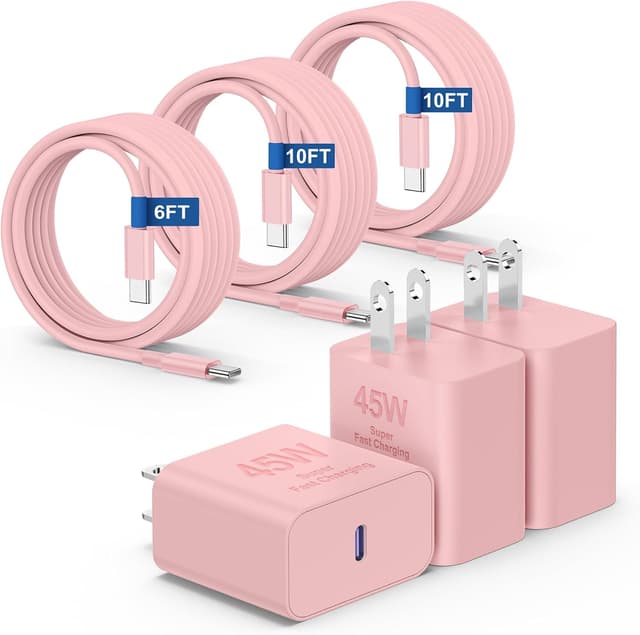 Detalle de 45W PD 3.0 iPhone Fast Charger with Super Long USB‑C Cable (6FT/10FT/10FT) — Pink