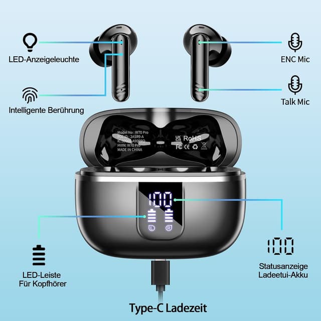 Detalle 2 de OWMSIC Bluetooth In-Ear Kopfhörer W70 Pro (Bluetooth 5.4) mit 4× ENC-Mikrofonen, 46 Std. Spielzeit und LED-Display