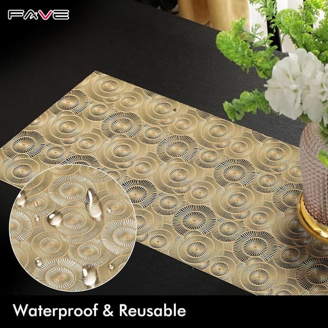 Detalle de FAVE goldener Tischläufer (90 cm) aus hitzebeständigem Vinyl mit Lochmuster-Dekor – für Hochzeit, Party & Deko