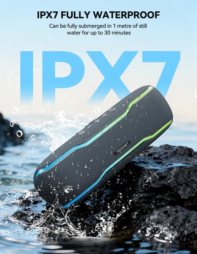 Detalle de TECKNET TK-BS002 Bluetooth 5.4 portable speaker with 30W stereo sound, RGB lights and IPX7