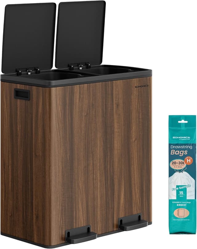 Detalle de SONGMICS Dual Rubbish Bin (LTB060N02) – 2 x 8 Gallon metal recycling bin with pedals, lids & soft closure
