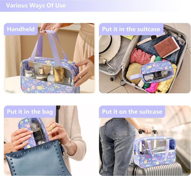 Detalle de Mikytoper Clear Toiletry Bag Set (3 pcs) – Waterproof PVC wash bags with handle, large capacity travel cosmetic bags (2024 Purple)