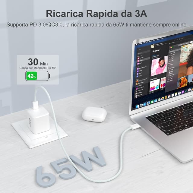 Detalle de YISH 65W Caricatore USB-C GaN PD3.0 con cavo USB-C da 1 m (60W)