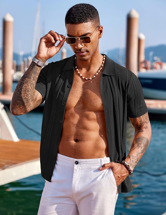 Detalle 2 de COOFANDY Knit Short Sleeve Button Down Polo Shirt