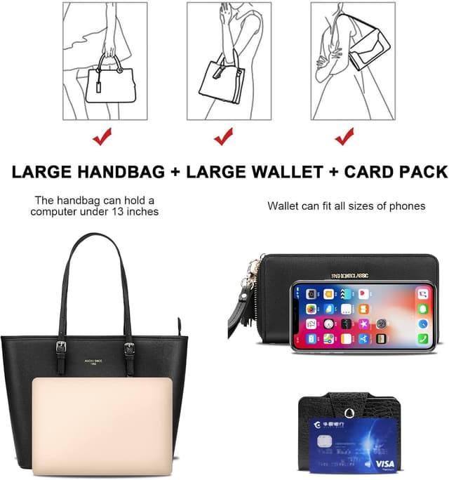 Thumbnail 6 de URAQT Women’s 15.6-inch Large PU Leather Top-Handle Tote Bag with Wallet & Card Holder (Black)