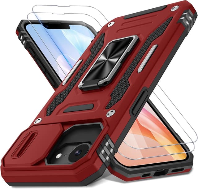 Detalle de DEERLAMN iPhone 17e / iPhone 16e 6.1-inch case with sliding camera cover, ring kickstand & shockproof protection (Red, 2-pack screen protectors)