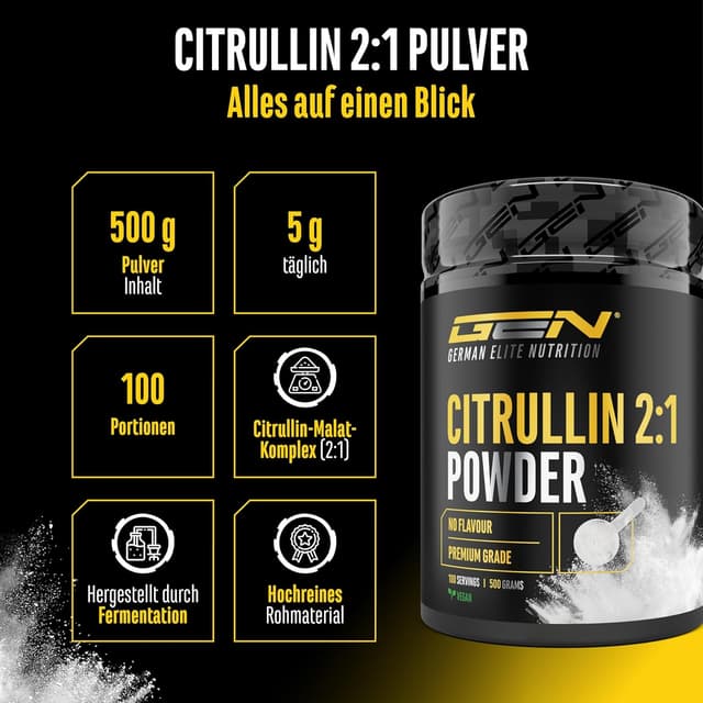 Detalle 2 de L-Citrullin DL-Malat 2:1 Pulver (500 g) – vegan, aus pflanzlicher Fermentation