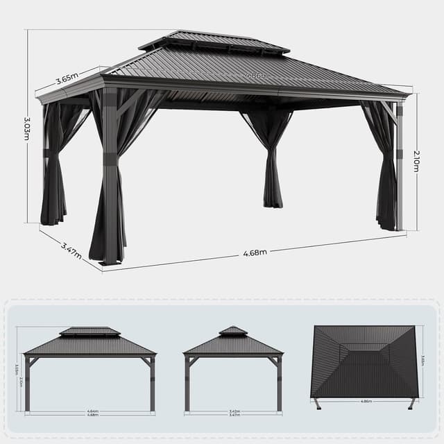 Detalle de JUMMICO Pavillon 3,65 x 4,85 m hardtop double toit imperméable avec stores et moustiquaires, gris
