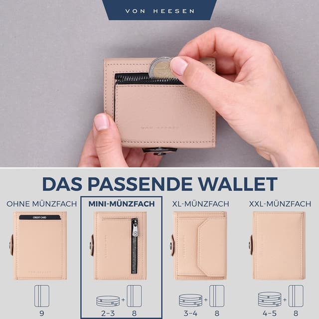 Detalle 2 de VON HEESEN Slim Wallet mit Münzfach, RFID-Schutz & Echtleder (Rose) – Kartenetui mit Geldklammer