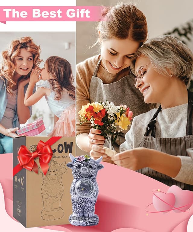 Detalle 2 de Yeomoo Highland Cow Gartenfigur mit Solar-Lampen und Glasball – wetterfeste Deko für Balkon, Terrasse & drinnen