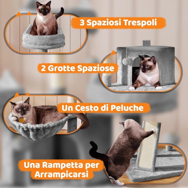 Detalle de Yaheetech Albero per gatti alto 174 cm con 7 punti graffianti, 3 piattaforme e scala a più livelli (grigio chiaro)
