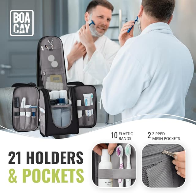 Detalle 2 de BOACAY Hanging Travel Toiletry Bag (Women & Men) with Metal Hook, Waterproof Shower Organiser