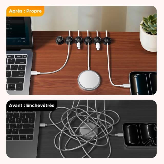 Detalle 2 de UGREEN 6 pièces organiseurs de câbles magnétiques rotatifs à 360° (noir) — clips autocollants pour bureau