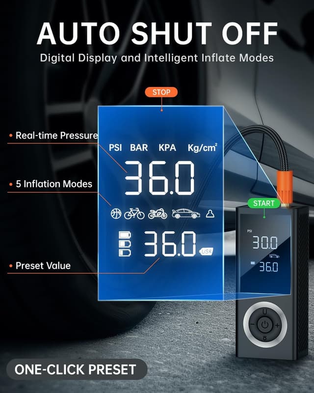 Detalle de Portable Tire Inflator Air Compressor (150 PSI) with Digital Gauge, LED Light, 12V Car Adapter & Storage Box