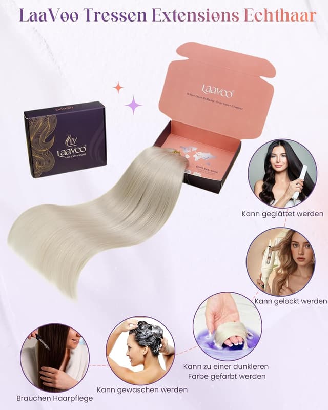 Detalle de LaaVoo Echthaar Extensions Tressen (Platinblond, #60), zum Einnähen – 80 g, 30 cm