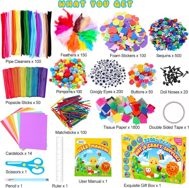 Detalle de Zefy Kinder-Bastelset „3200+ Stück“ (4–12 Jahre) mit 12 Basteldesigns – Bastelkoffer mit Zubehör