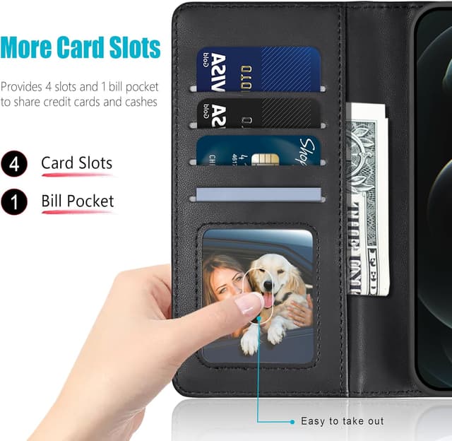 Detalle 2 de Kuafcase iPhone 12 Pro Max wallet case with 4 card slots, magnetic closure and kickstand (Black)