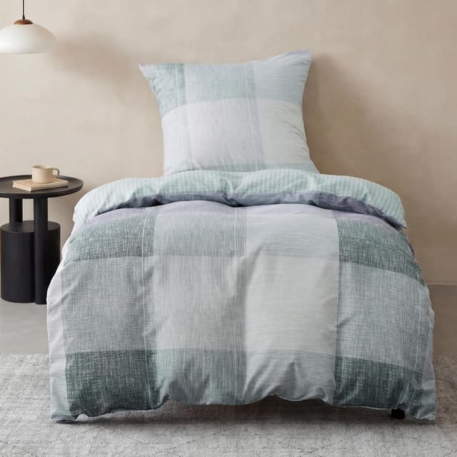 Detalle de BEDSURE Wendebettwäsche 135x200 (2-teilig) mit Kissenbezug 80x80 – Blaues Buffalo-Karo mit Reißverschluss