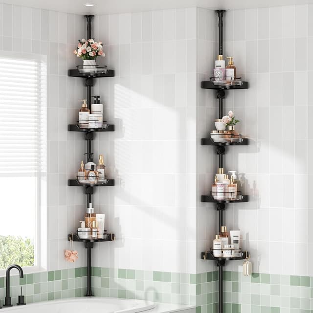 Detalle de shuang qing 360° Rotating Corner Shower Caddy Tension Pole Organizer (4-Tier Adjustable, Black)