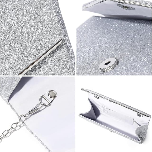 Detalle de fannos Clutch Silber – Abendtasche mit glänzendem Shiny Fabric, verstärkter Kette und Platz für Karten