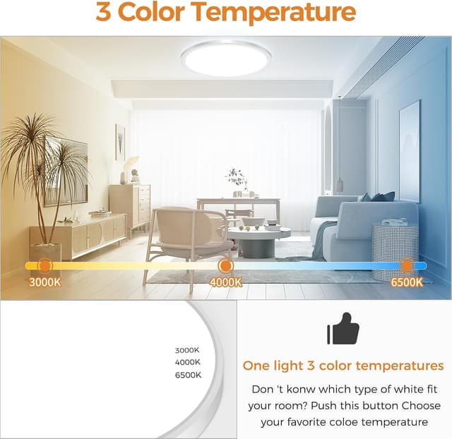 Detalle 2 de slochi LED-Deckenleuchte flach 46W, Ø50 cm – 3 Lichtfarben (3000K/4000K/6500K), IP44 für Bad & Küche