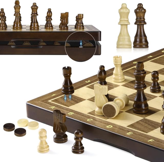 Detalle de Peradix 2 in 1 Chess Set & Draughts Board (15" magnetic foldable walnut style) with extra queen pieces