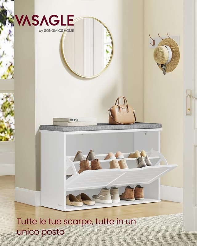 Detalle 2 de VASAGLE LSB122WB01: panchina scarpiera da ingresso con 3 ripiani e cassettto a ribalta