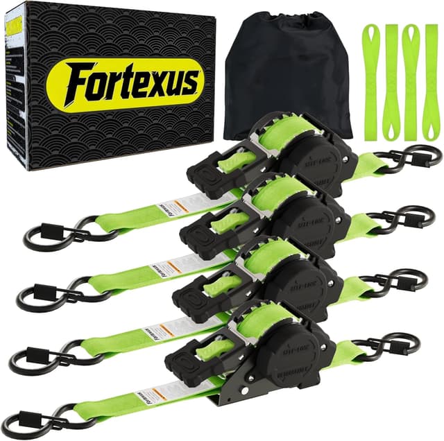 Detalle de Fortexus Retractable Ratchet Straps (1 in x 12 ft) – Heavy-Duty Automatic Tie Downs, 4-Pack (Neon Green)