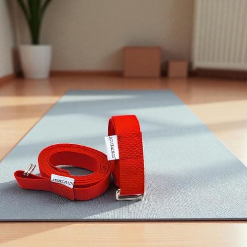 Detalle de savasanas cinturón de yoga y pilates de algodón reciclado con doble cierre metálico (244 x 3,2 cm)