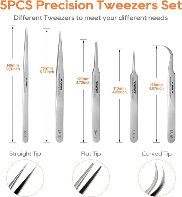 Detalle de Precision Tweezers by TOWOT — Stainless Steel Pointed Tweezers for Craft, Electronics & Soldering