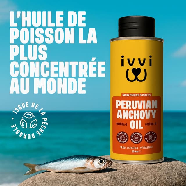 Detalle de ivvi Huile de Poisson Péruvienne pour Animaux de Compagnie – 250 ml (oméga-3, triple filtration)