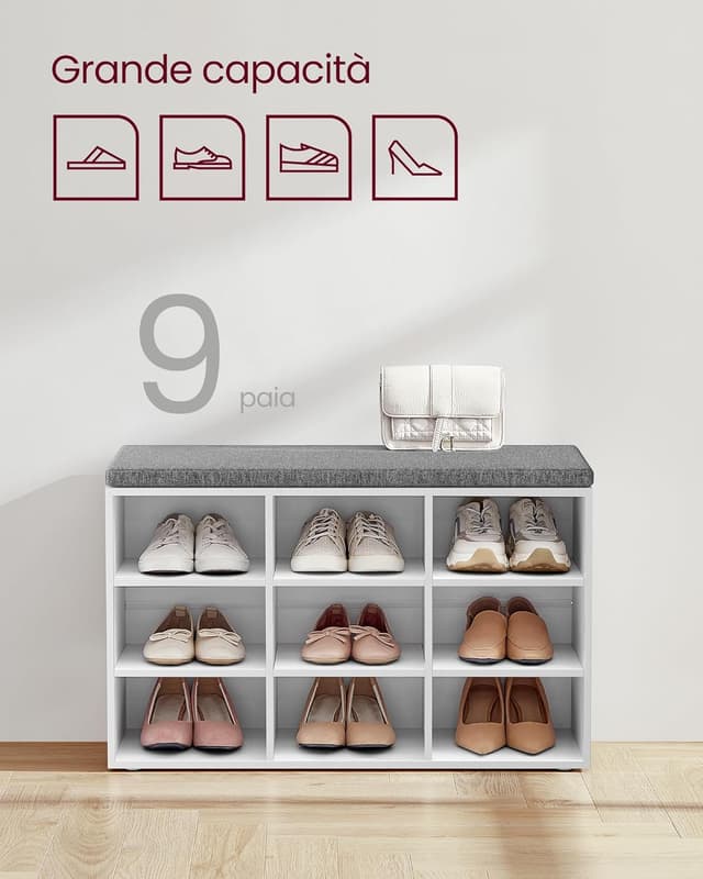 Detalle de VASAGLE LHS009W14 panca scarpiera con seduta imbottita e 9 scomparti, bianco e grigio