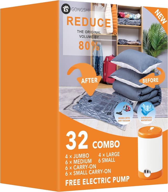 Detalle de GONGSHI Vacuum Seal Bags for Clothing Travel & Home Storage (32-Pack) with Electric Pump