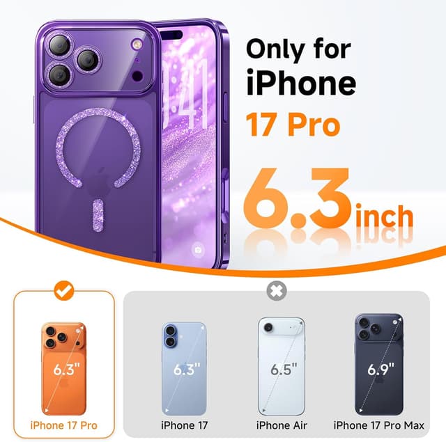 Thumbnail 6 de Magnetic for iPhone 17 Pro Glitter Case with MagSafe Ring & Integrated Lens Protection (Purple)